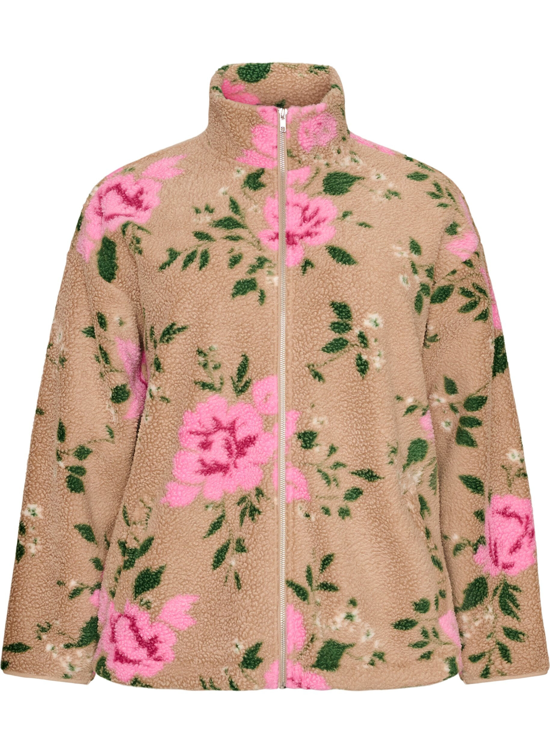 ZizziGebl&uuml;mte Fleecejacke mit hohem Kragen und Rei&szlig;verschluss, Beige, Packshot image number 0