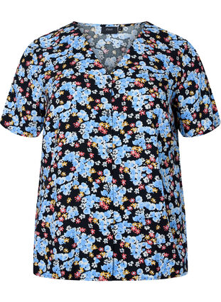 Bedrucktes Pyjama-Oberteil aus Viskose, Black Blue Flower, Packshot image number 0
