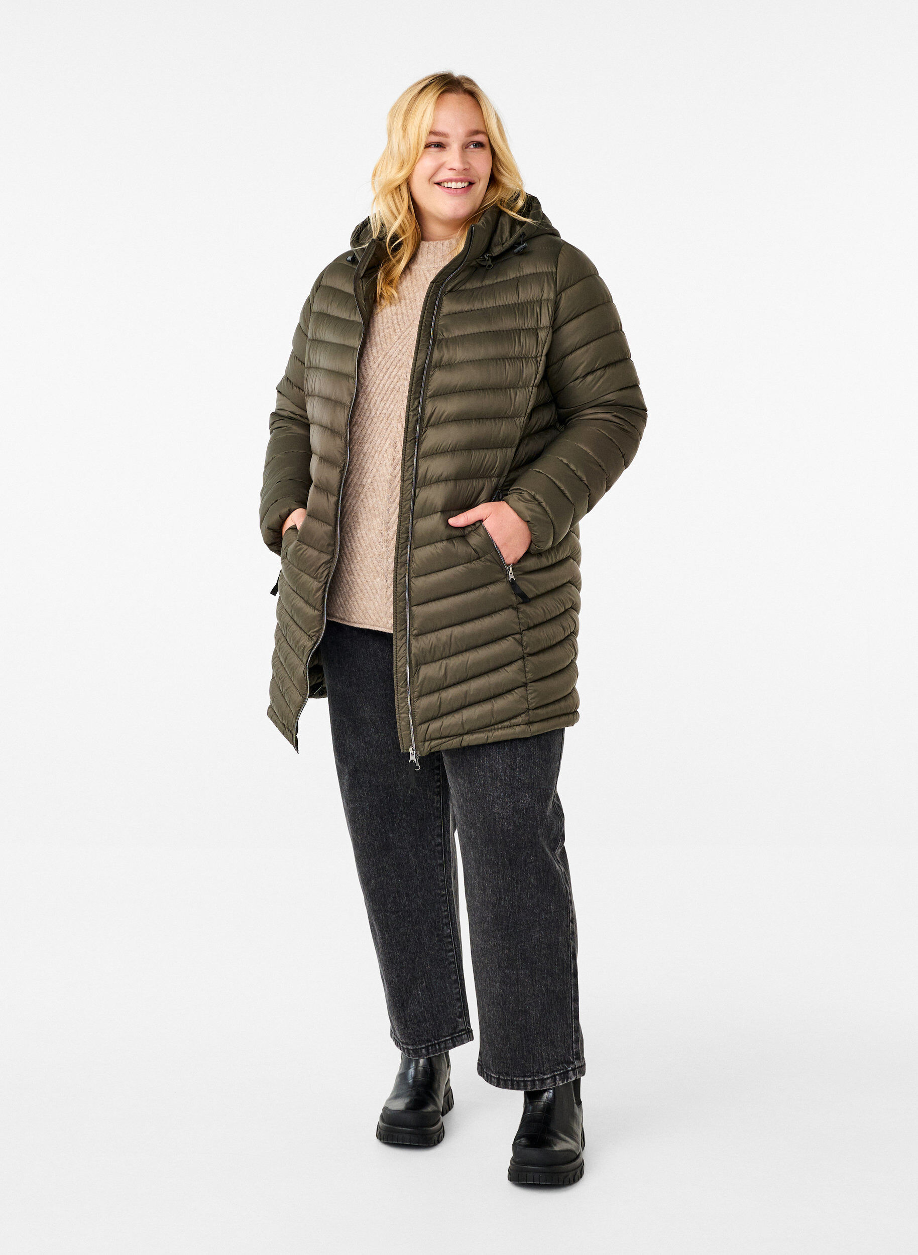 Zizzi Leichte Jacke mit Taschen und abnehmbarer Kapuze, Gr&uuml;n, Model image number 1