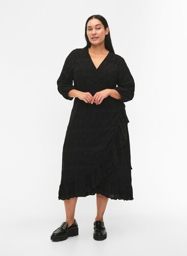FLASH - 3/4 Ärmel Wrap Kleid, Black, Model image number 0