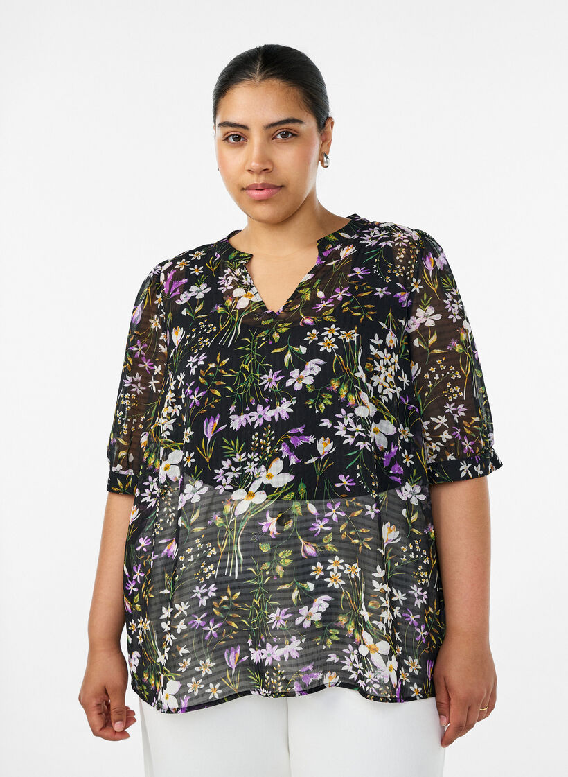Gebl&uuml;mte Bluse mit V-Ausschnitt, Schwarz, Model image number 0