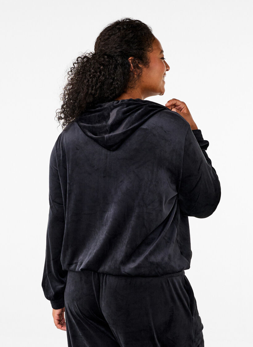 Velours-Strickjacke mit Kapuze, Black, Model image number 1