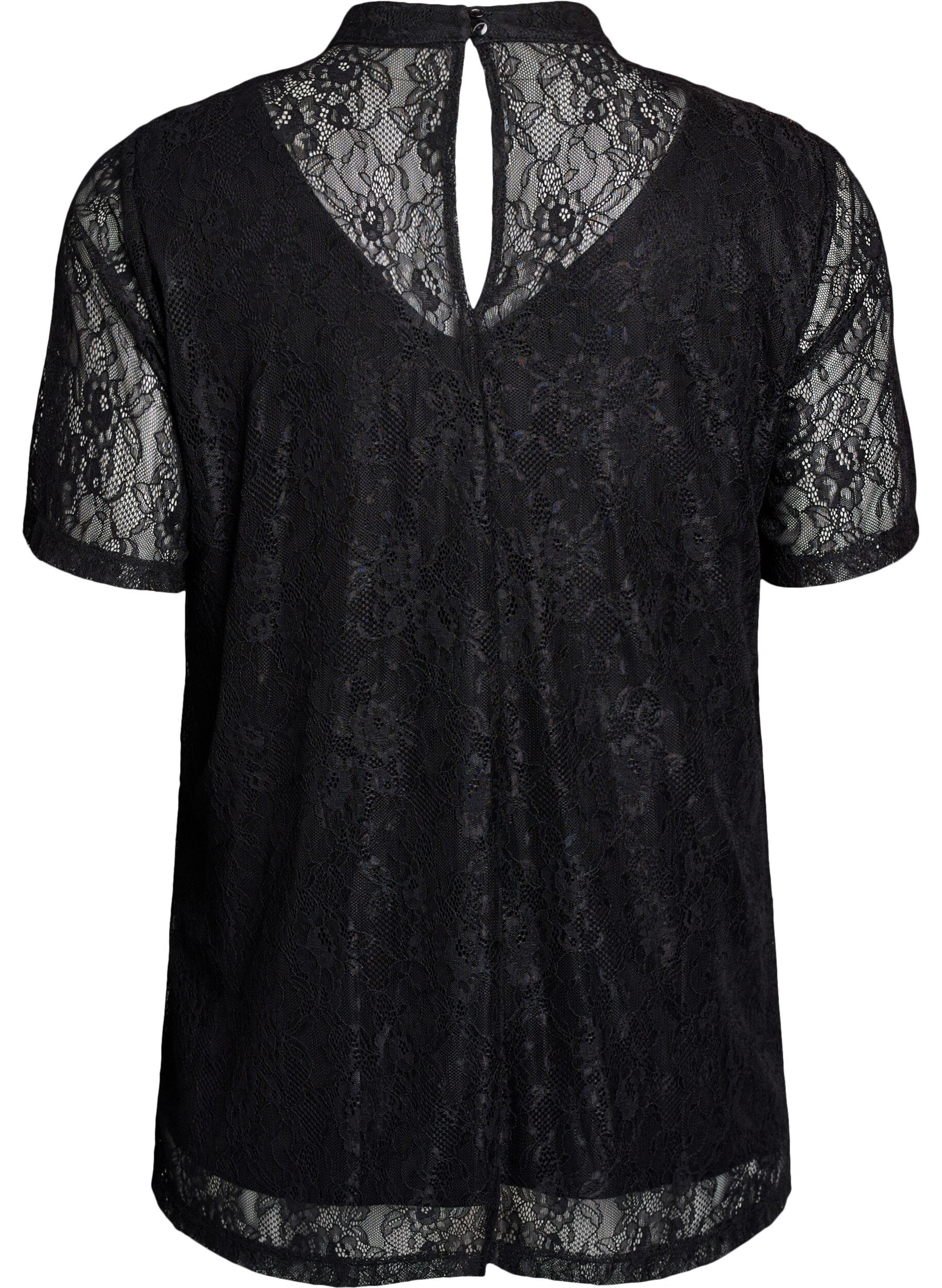 Zizzi Bluse aus Spitze mit Twist-Detail und kurzen &Auml;rmeln, Schwarz, Packshot image number 1