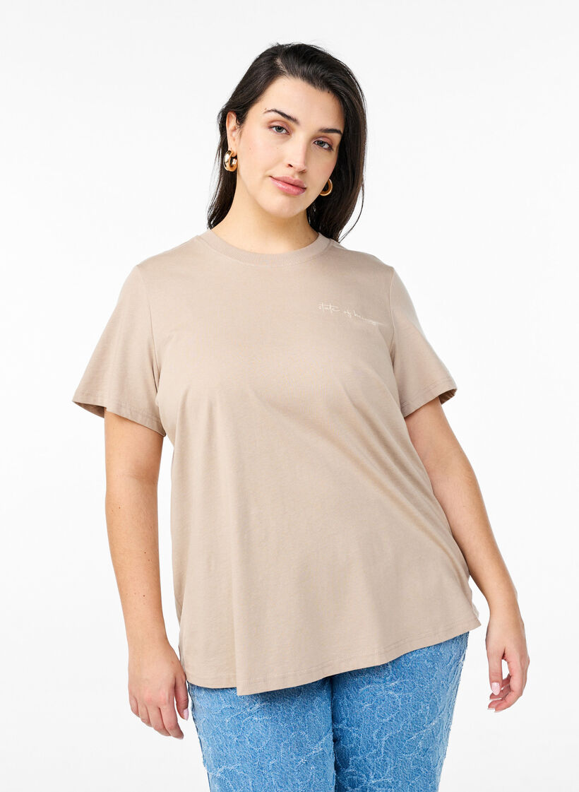 T-Shirt mit Textaufdruck und Rundhalsausschnitt, Braun, Model image number 0