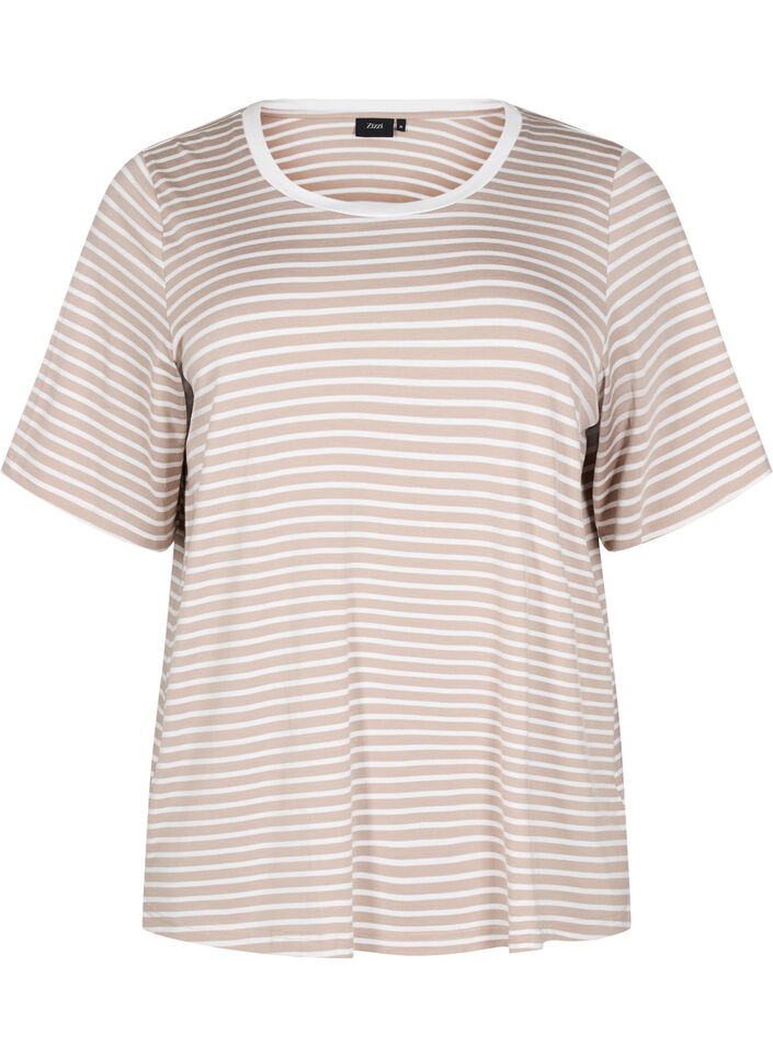 T-Shirt mit TENCEL™ Lyocell und Streifen, Beige, Packshot image number 0