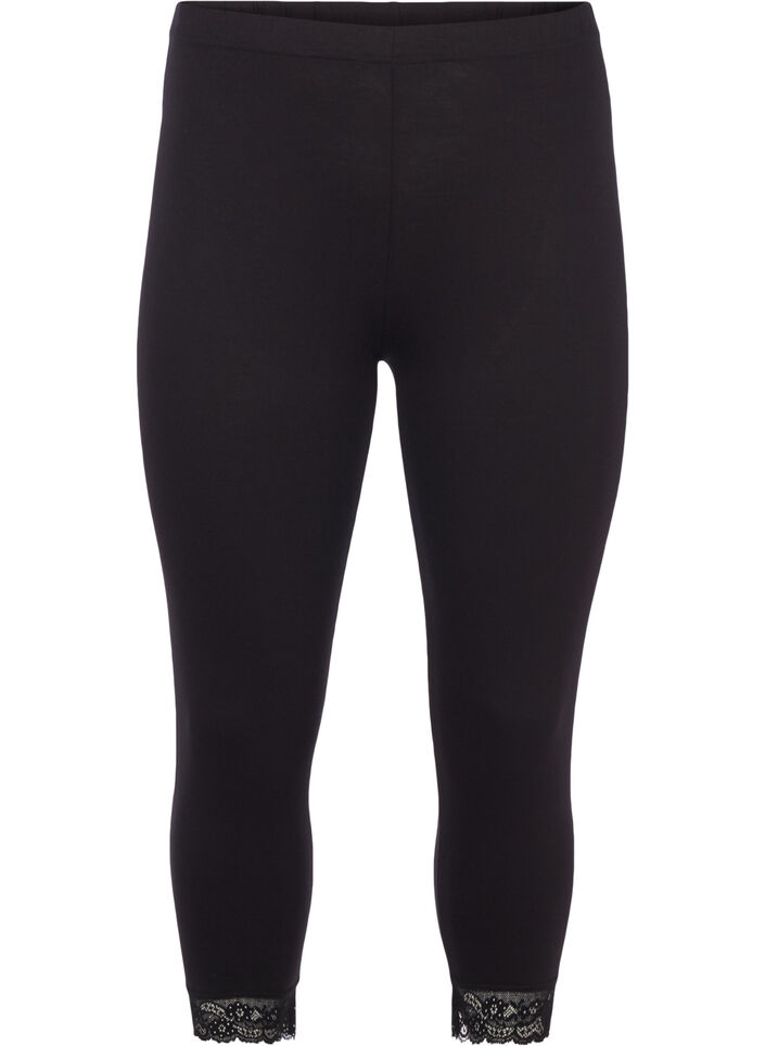 Basic 3/4 Leggings mit Spitzenbesatz, Schwarz, Packshot image number 0