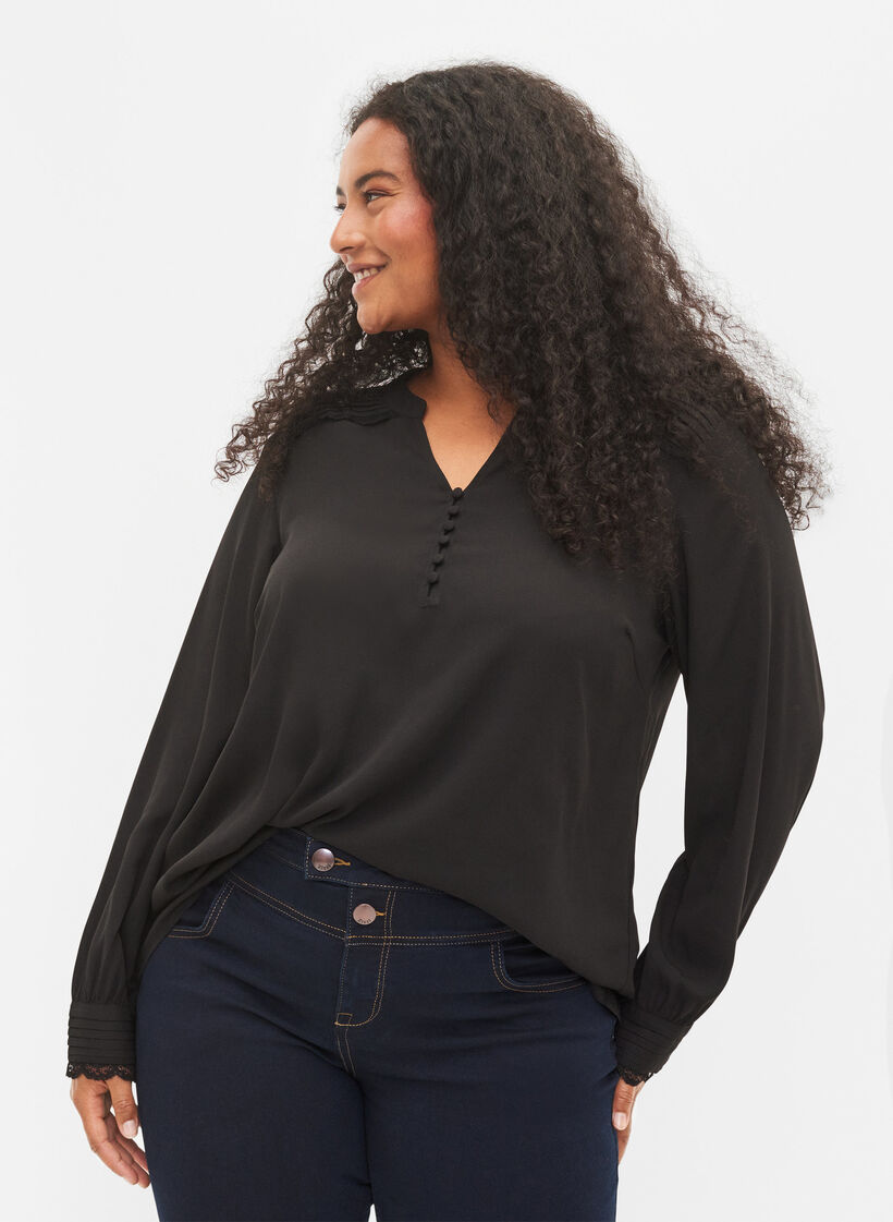 Langärmelige Bluse mit V-Ausschnitt, Black, Model image number 0