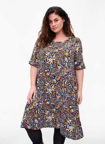 Kurzärmeliges Kleid aus Viskose mit Paisley-Print, Black G. Sky Paisley, Model image number 0
