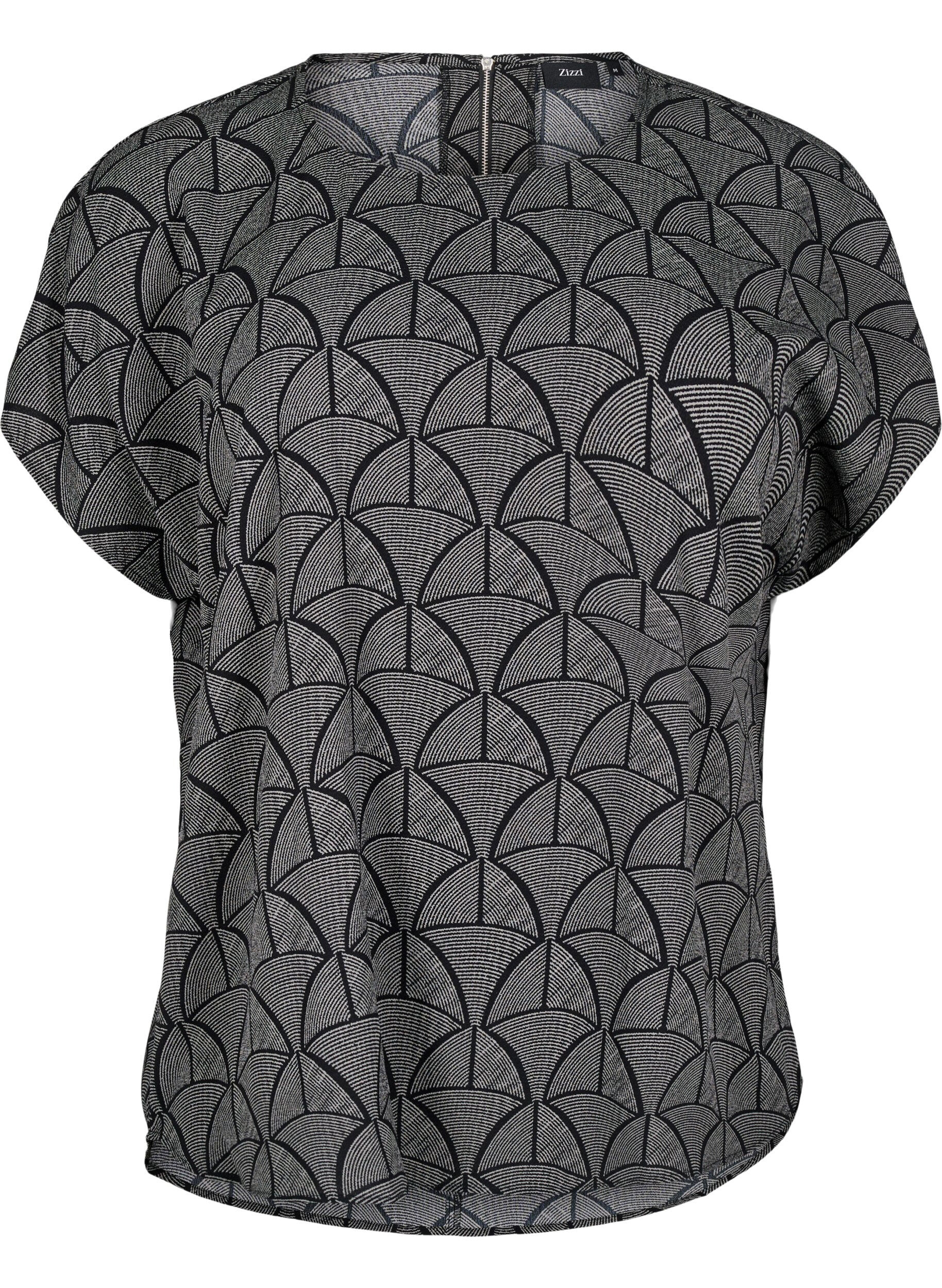 Zizzi Bluse mit kurzen &Auml;rmeln und Print, Black Grey Graphic , Packshot image number 0