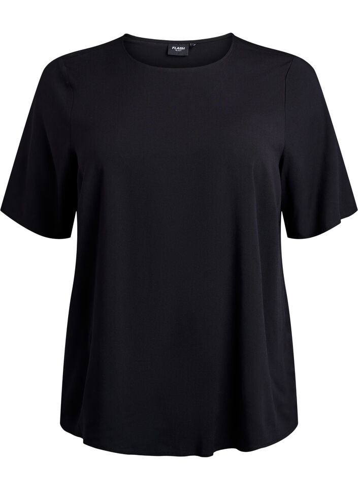 Kurz&auml;rmelige, gewebte Bluse mit Rundhals, Schwarz, Packshot image number 0