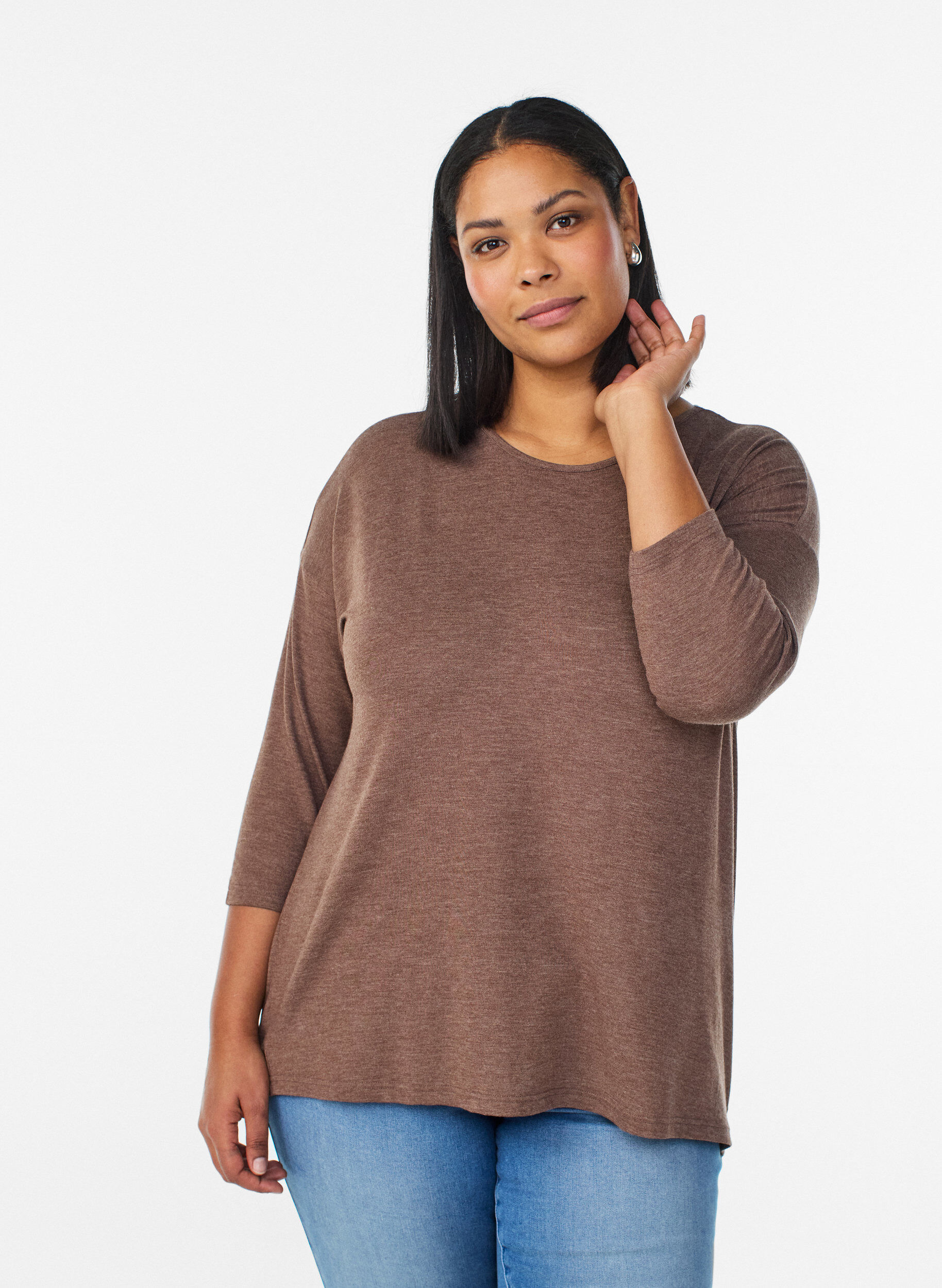 ZizziBluse aus Jersey mit 3/4-&Auml;rmeln, Braun, Model image number 0