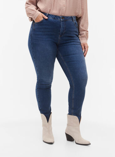Super schlanke Amy Jeans mit hoher Taille, Blue denim, Model image number 2