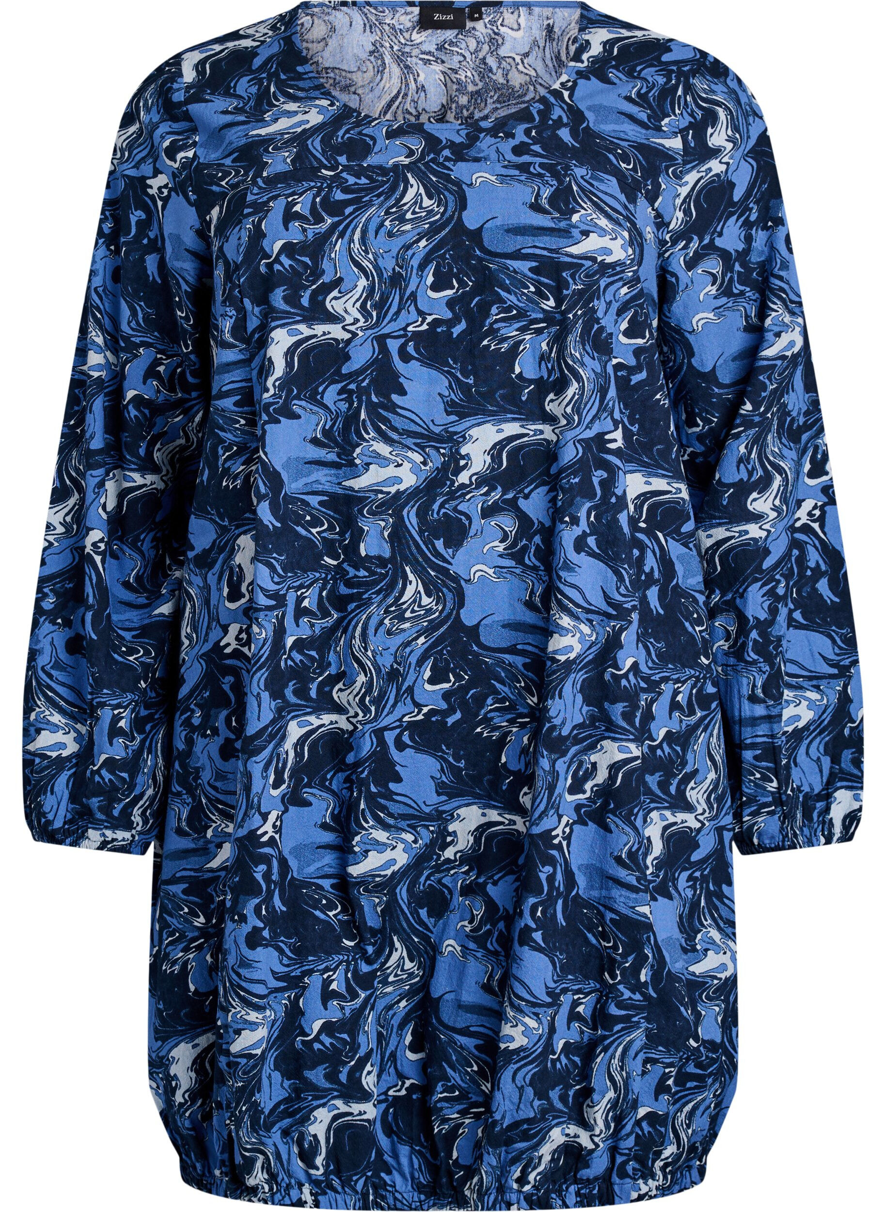 ZizziKurzes Baumwollkleid mit Gummisaum und langen &Auml;rmeln, Blau, Packshot image number 0
