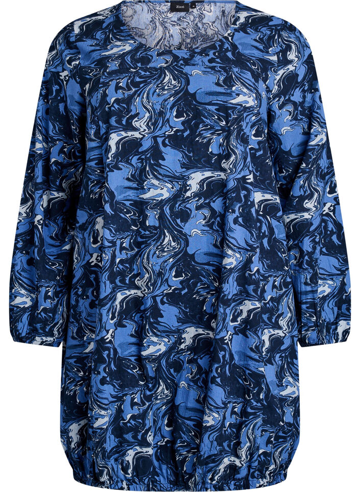 Kurzes Baumwollkleid mit Gummisaum und langen &Auml;rmeln, Blau, Packshot image number 0