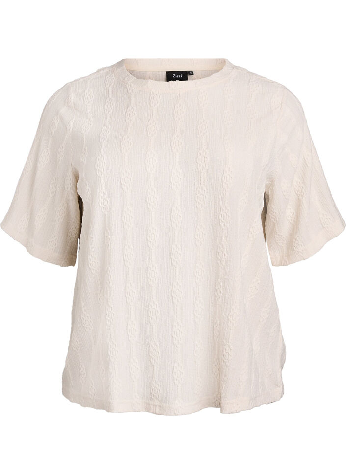Bluse mit Strukturmuster und kurzen Ärmeln, Beige, Packshot image number 0