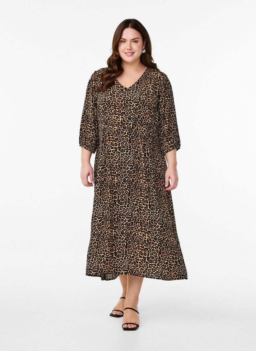 Midikleid mit Leopardenmuster und 3/4-&Auml;rmeln, Braun, Model image number 1