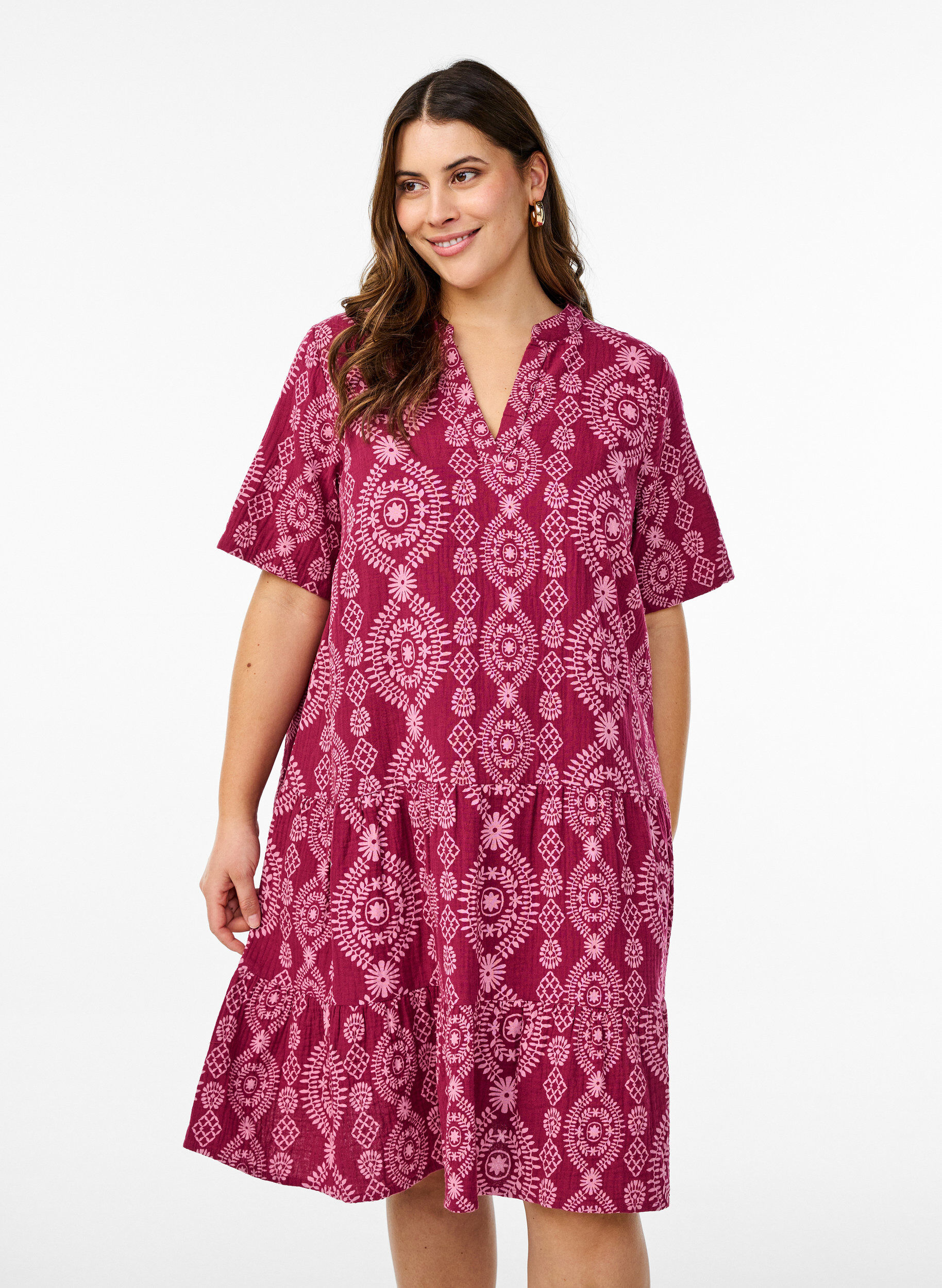 Zizzi Kurzes Kleid aus Baumwollmusselin mit Muster, 9992, Model image number 0