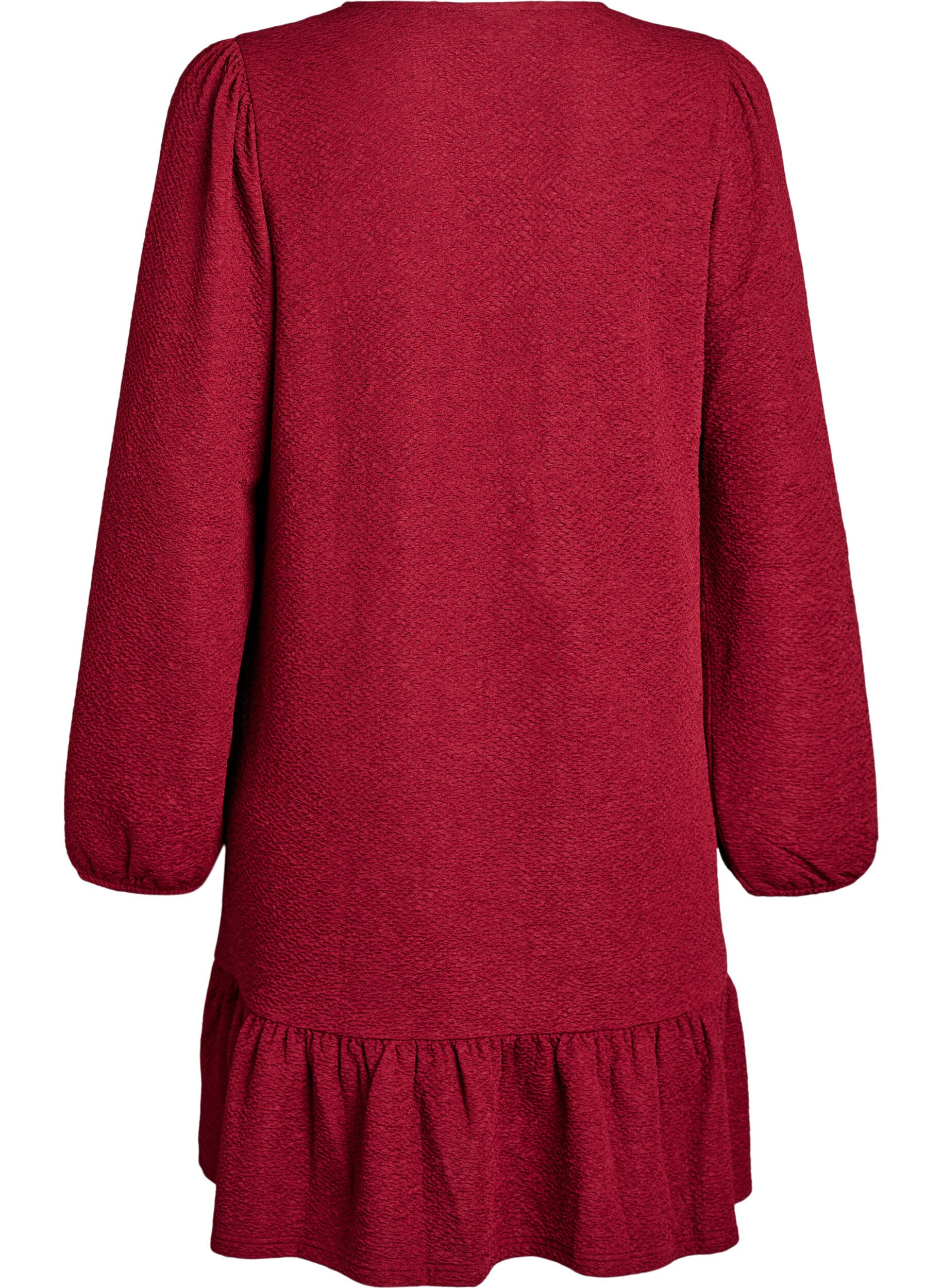 Zizzi Kurzes strukturiertes Kleid mit R&uuml;schensaum, Dunkles Bordeaux, Packshot image number 1
