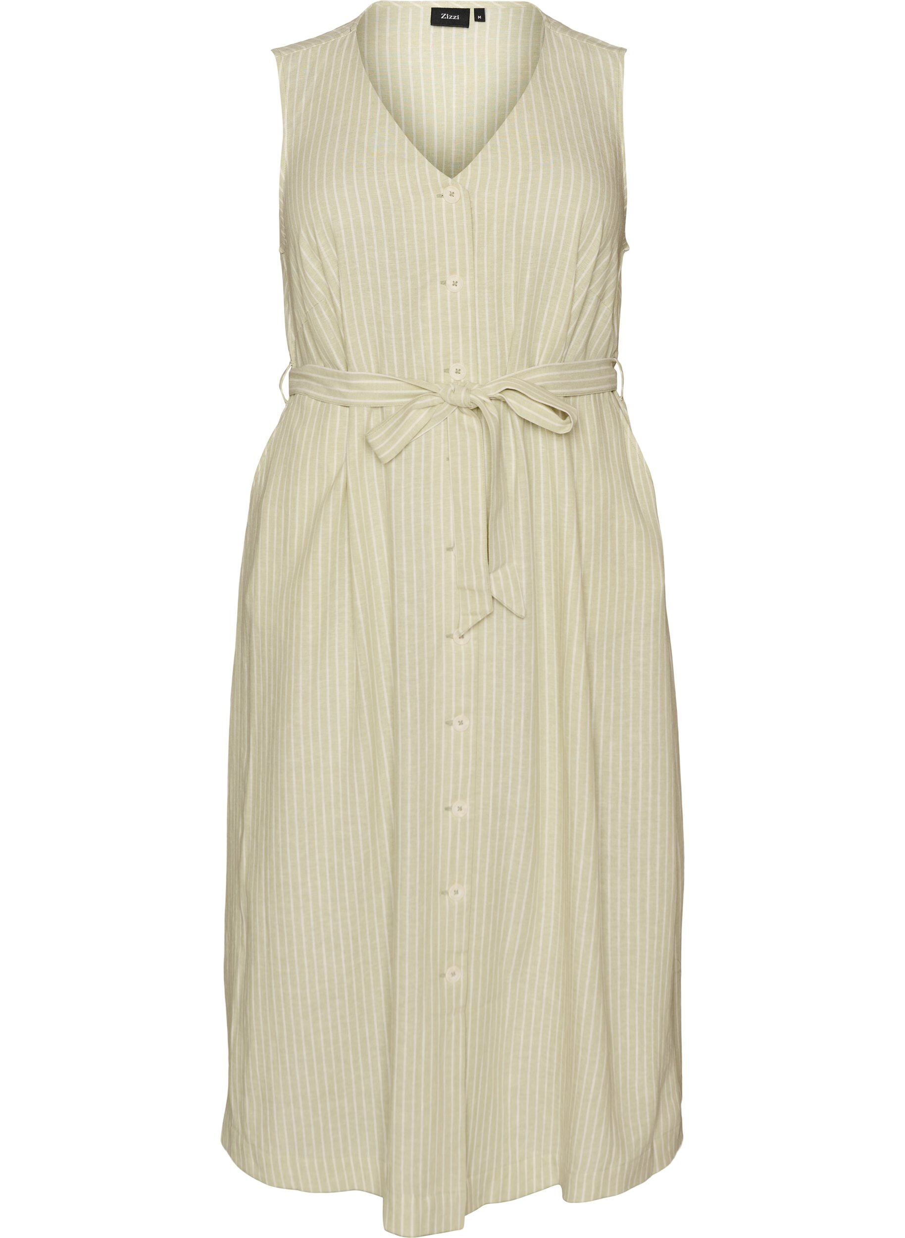 Zizzi&Auml;rmelloses gestreiftes Midikleid aus Leinen und Viskose, Gr&uuml;n, Packshot image number 0