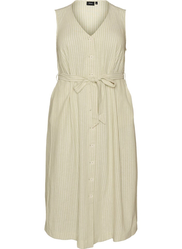&Auml;rmelloses gestreiftes Midikleid aus Leinen und Viskose, Gr&uuml;n, Packshot image number 0