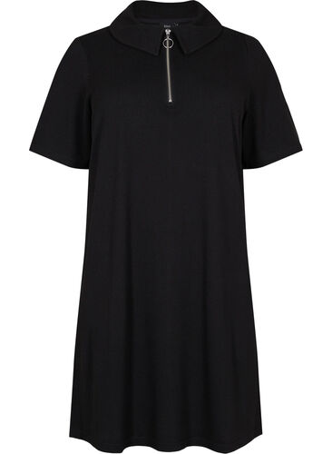 Kurzärmeliges Kleid mit Kragen und Reißverschluss, Black, Packshot image number 0