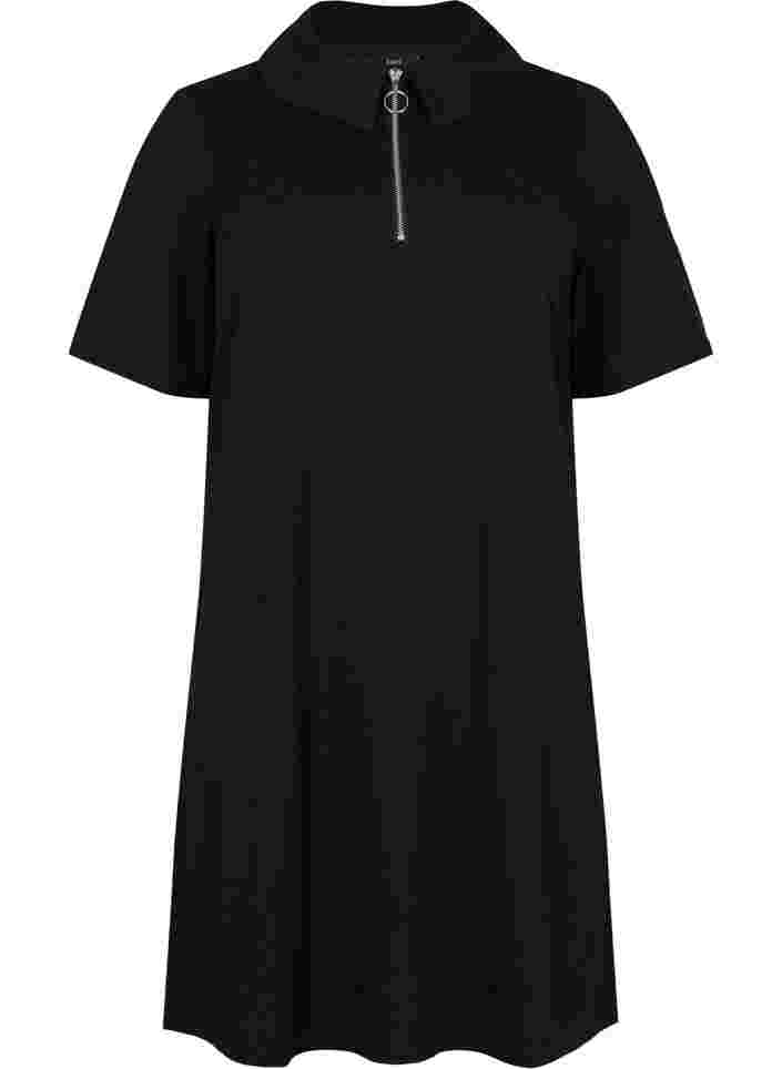 Kurzärmeliges Kleid mit Kragen und Reißverschluss, Black, Packshot image number 0