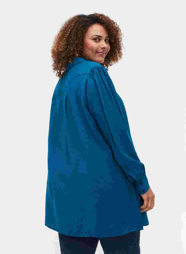 Lange einfarbige Hemdbluse aus Viskosemischung, Moroccan Blue, Model image number 1