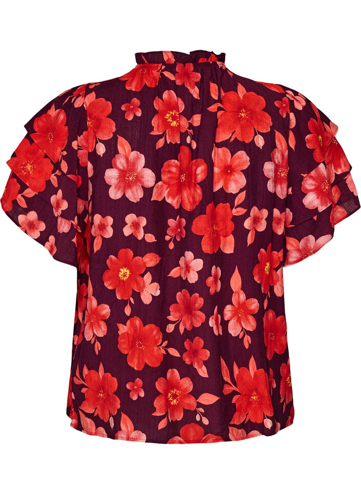 Gebl&uuml;mte Bluse aus Viskose mit R&uuml;schen&auml;rmeln, Lila, Packshot image number 1