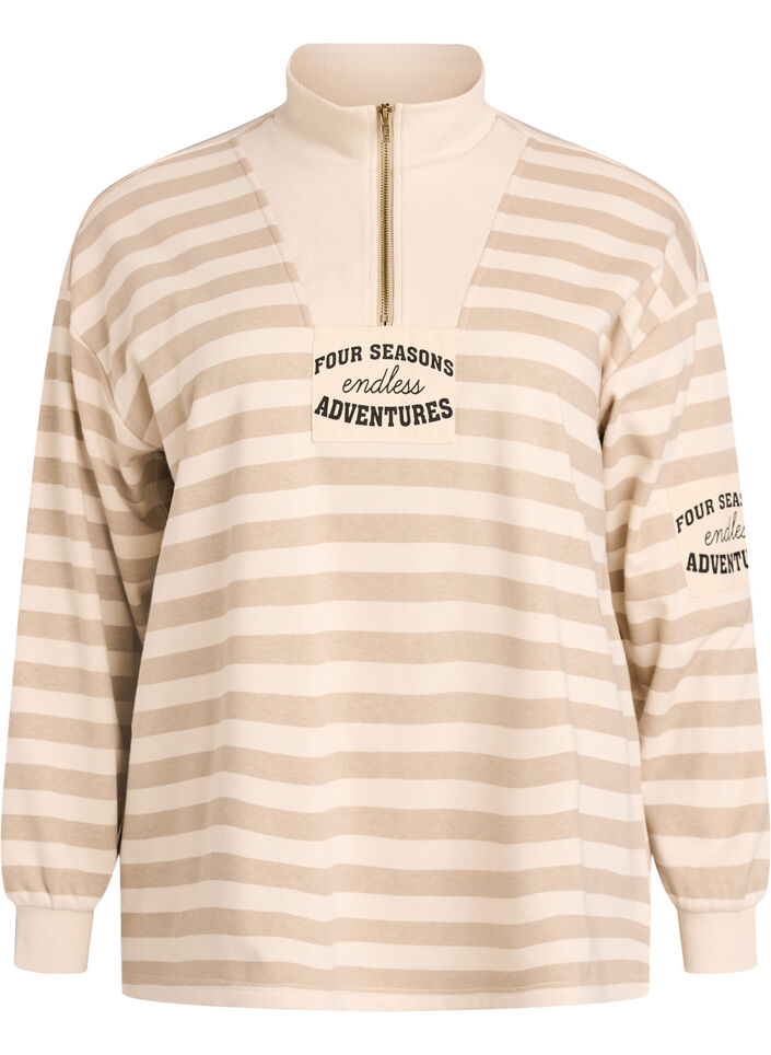 Gestreiftes Sweatshirt mit Stehkragen und Reißverschluss, Beige, Packshot image number 0