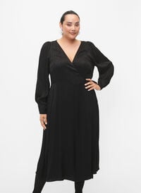 Langärmeliges Kleid aus Viskose mit Ton-in-Ton-Druck, Black, Model
