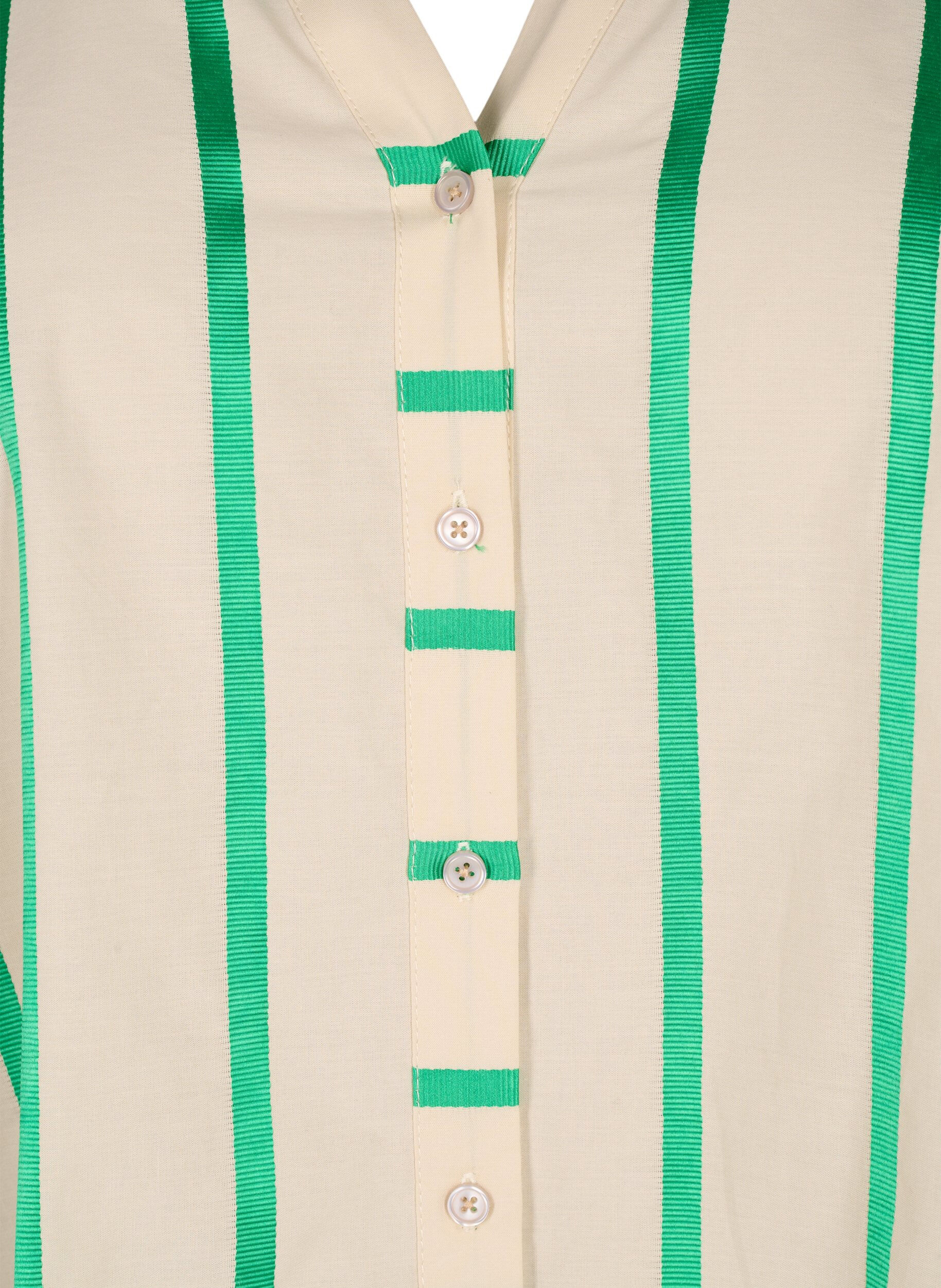 Zizzi Gestreifte Hemdbluse aus Baumwolle mit R&uuml;schenkragen, Beige Green Stripe, Packshot image number 2