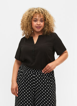 Bluse mit kurzen Ärmeln und V-Ausschnitt , Black, Model image number 0