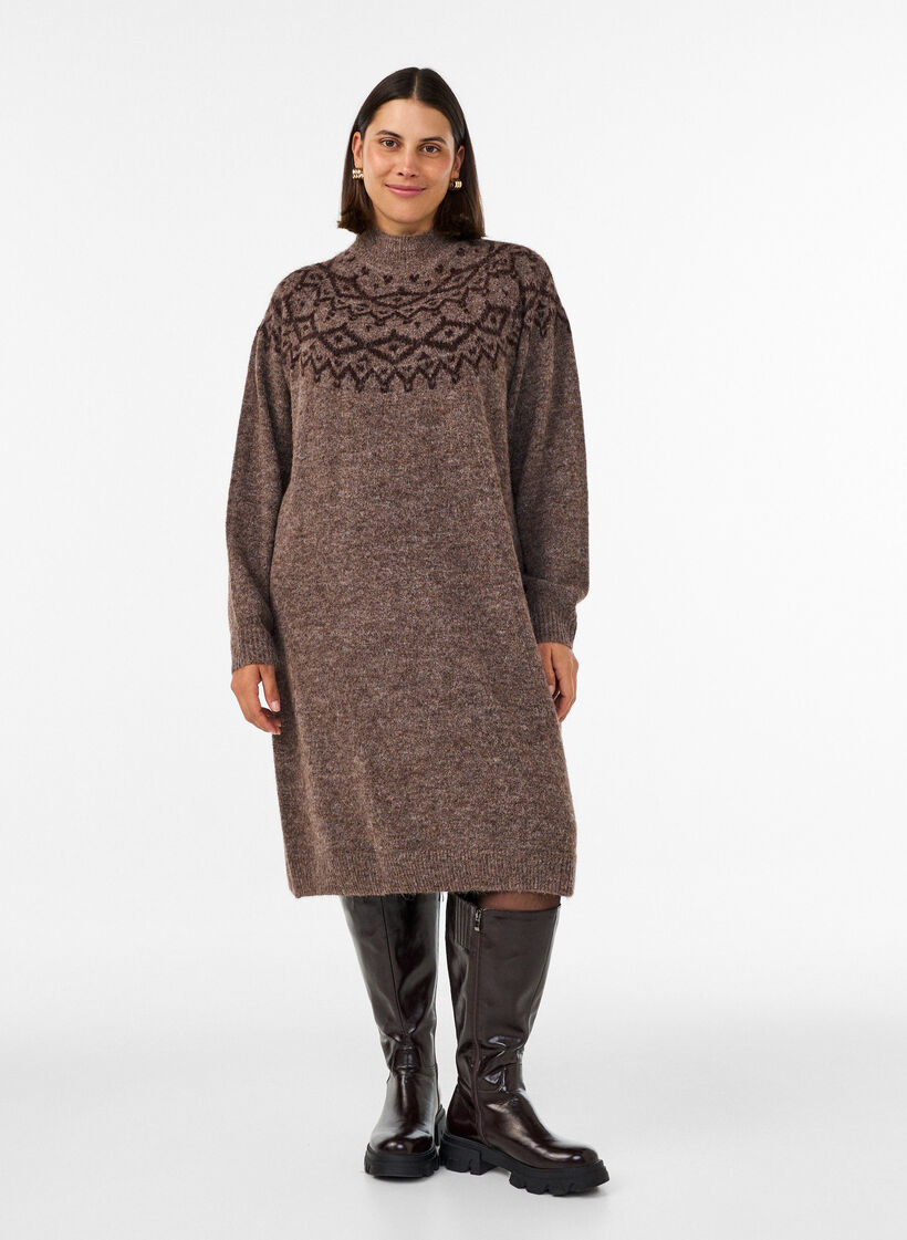 Kleid aus Strick mit Jacquard-Muster, Braun, Model image number 0