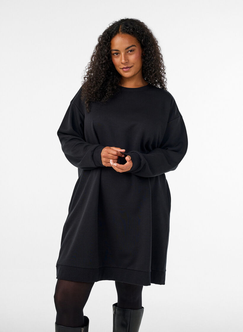 Lockeres Sweatkleid mit Taschen, Schwarz, Model image number 0