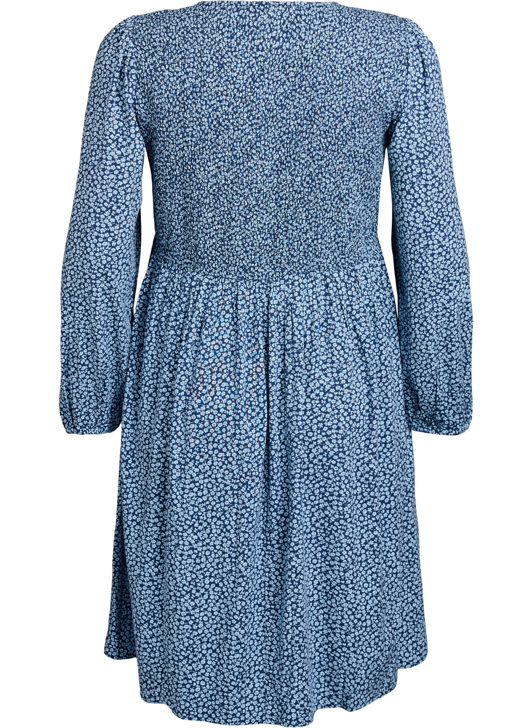 ZizziKleid mit gesmoktem Oberteil und kleingebl&uuml;mtem Muster, Blau, Packshot image number 1