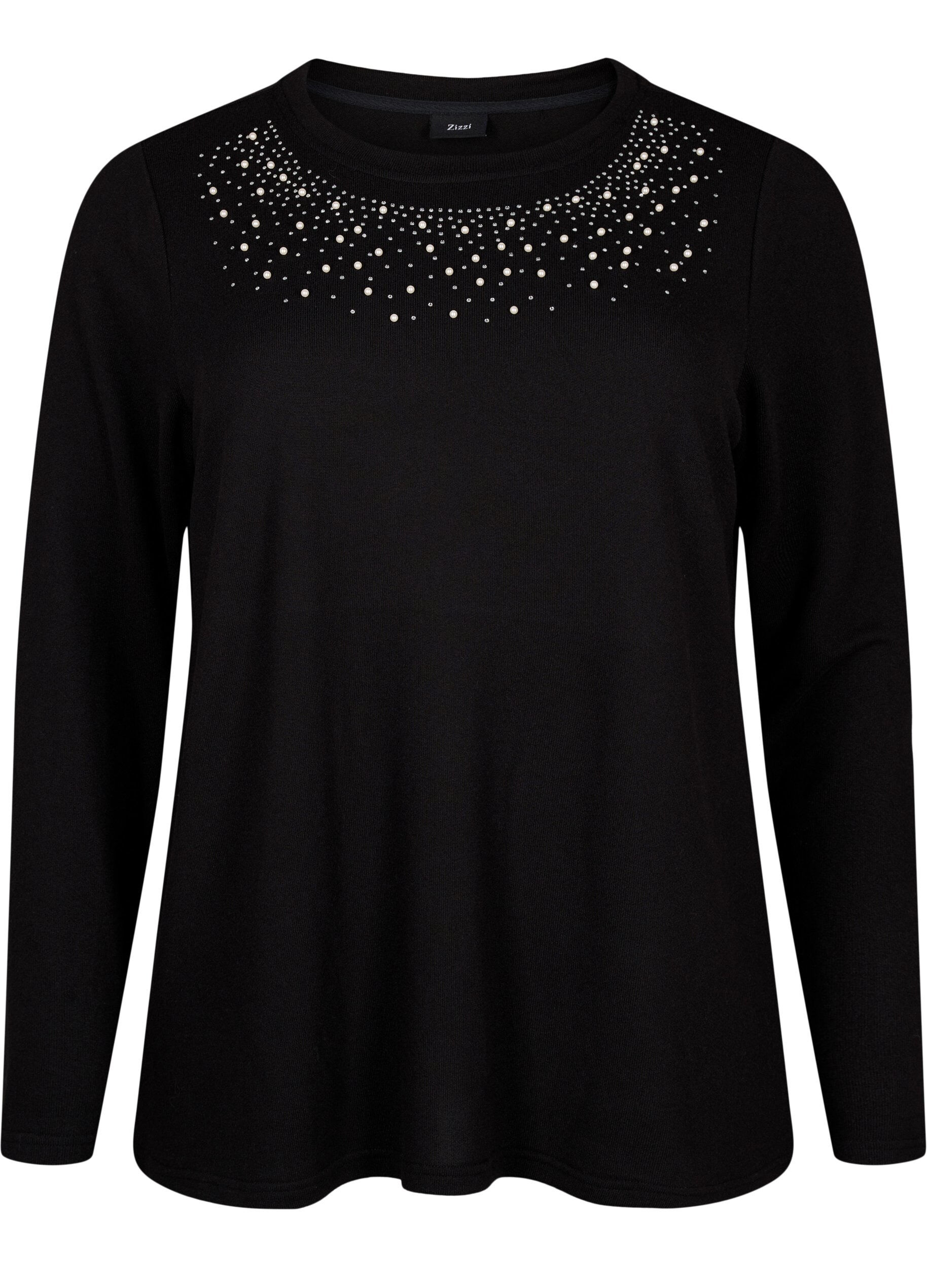 Zizzi Bluse mit Perlenverzierung, Black, Packshot image number 0