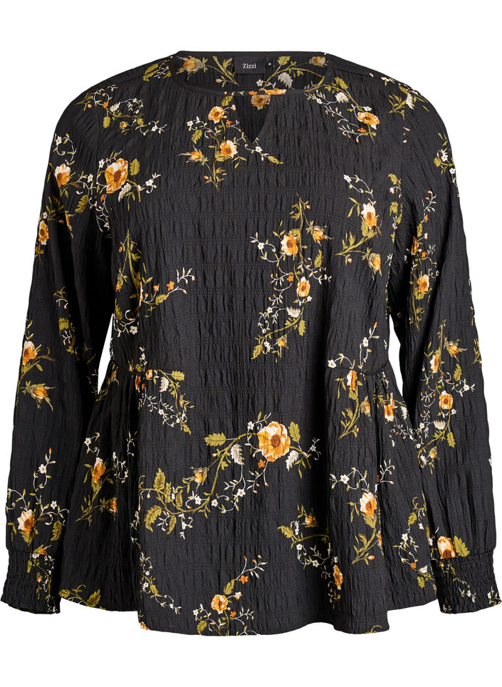Lang&auml;rmelige Bluse mit gebl&uuml;mtem Muster, Schwarz, Packshot image number 0