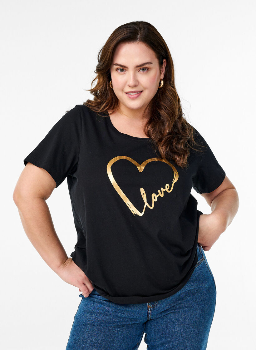 Baumwoll-T-Shirt mit Motiv, Black w. Gold Love, Model image number 0