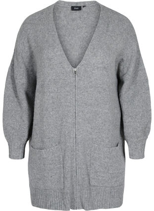 Langer Strick-Cardigan mit Reißverschluss und Taschen, Medium Grey Melange, Packshot image number 0