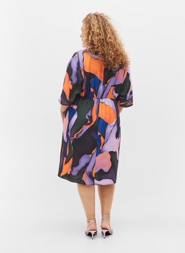 Midi Kleid mit V-Ausschnitt und farbigem Druck, Big Scale Print, Model image number 1