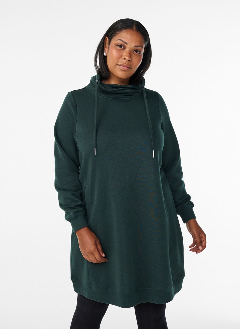 FLASH - Kurzes Sweatshirtkleid mit Stehkragen und Taschen, Gr&uuml;n, Model image number 0