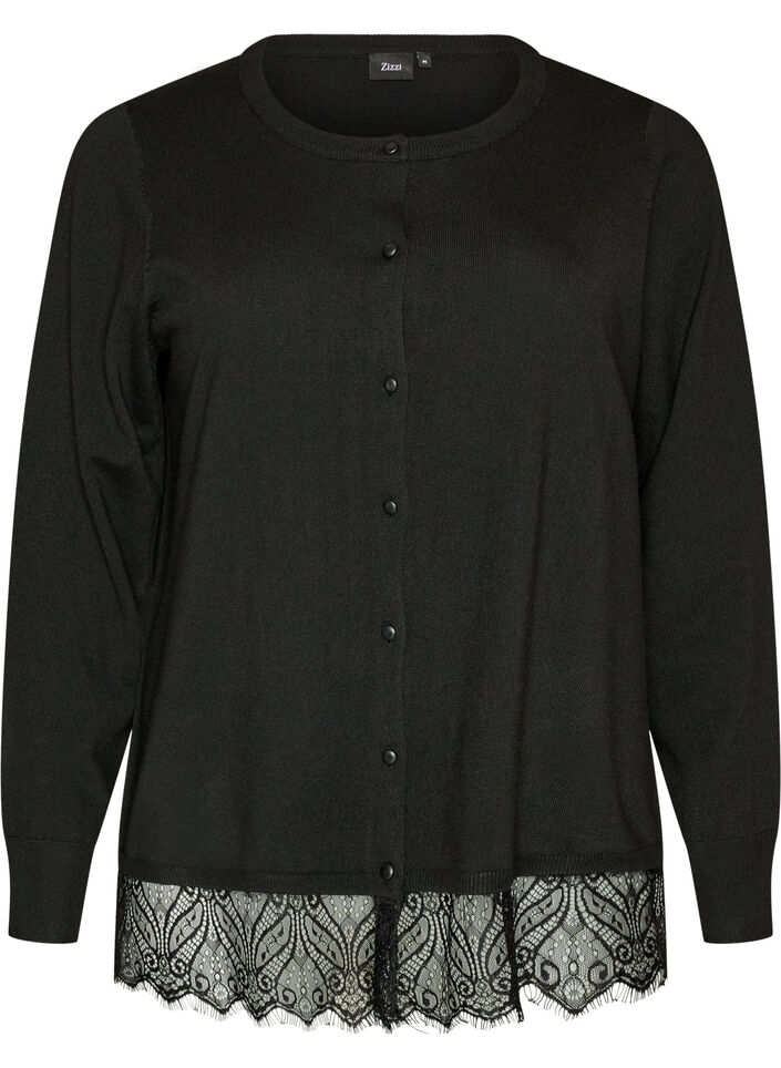 Cardigan mit breitem Spitzensaum, Schwarz, Packshot image number 0