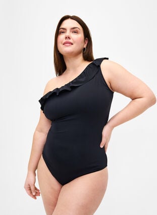 Ein-Schulter-Badeanzug mit Ruffle, Black, Model image number 0