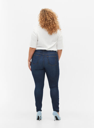 Super schlanke Amy Jeans mit Zerstörung und hoher Taille, Dark blue, Model image number 1