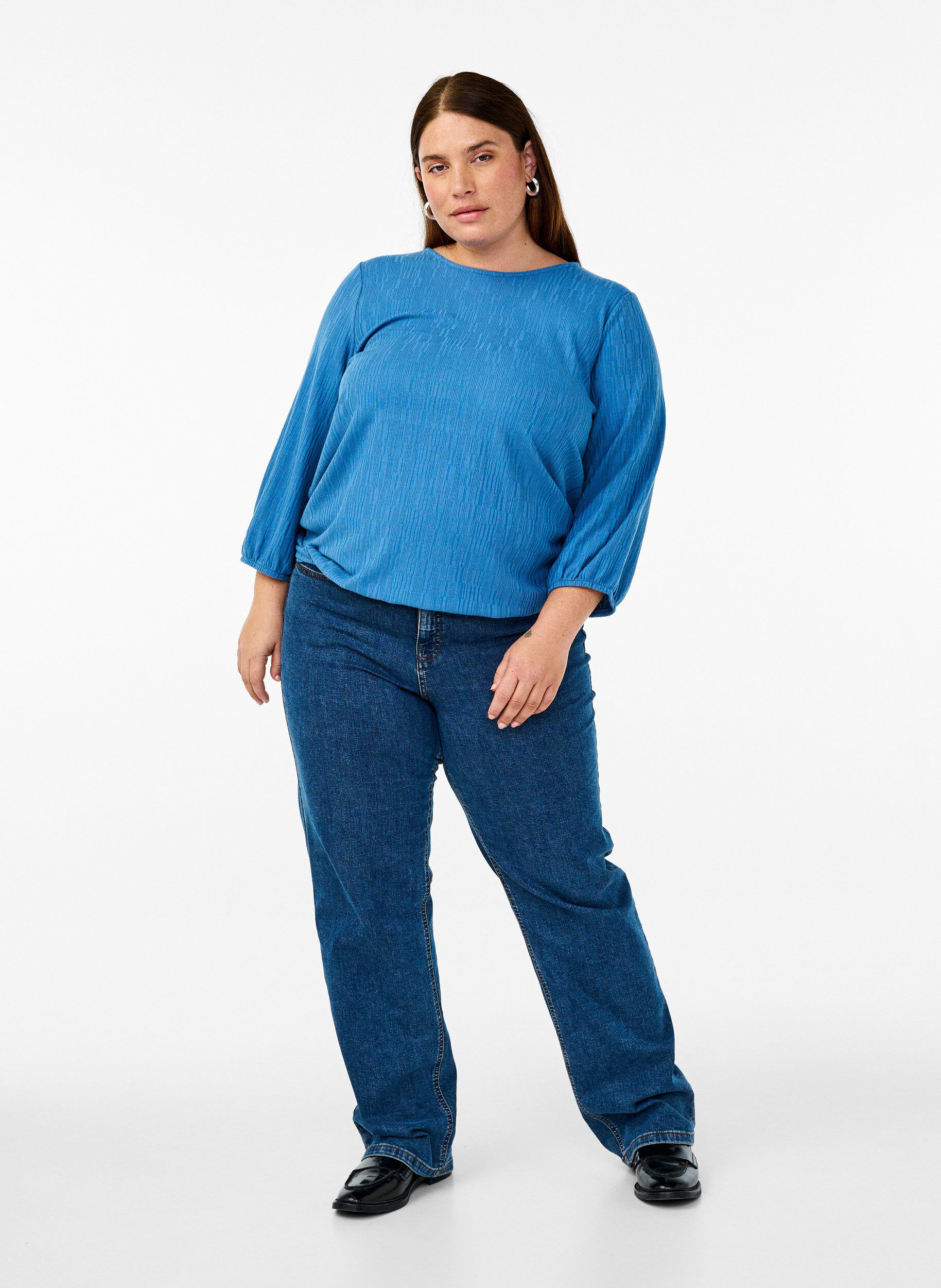 Zizzi Bluse mit Struktur und 3/4-&Auml;rmeln, Blau, Model image number 1
