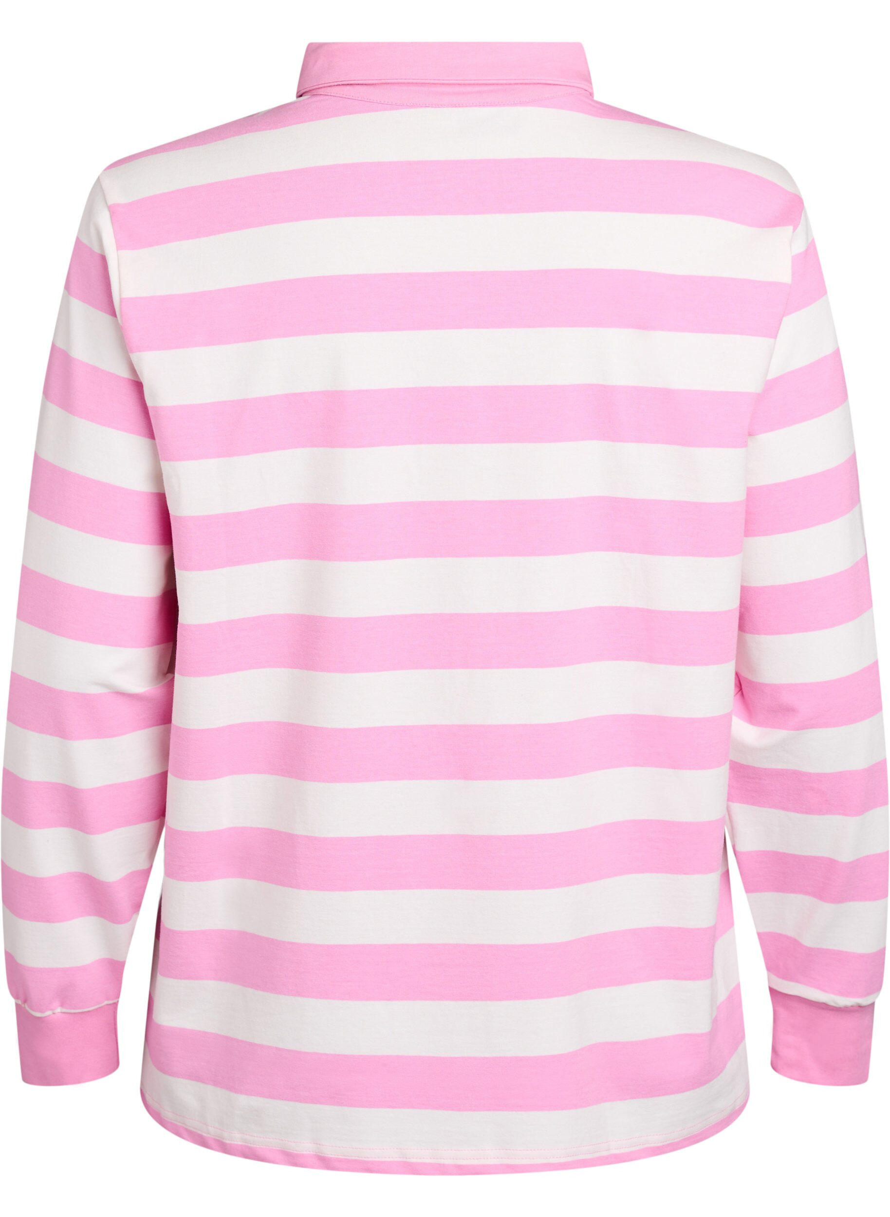 Zizzi Poloshirt mit Streifen und Frotteedetails, Bubblegum w. White, Packshot image number 1