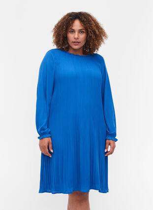 Langarm Plissé-Kleid mit Rüschen, Dazzling Blue, Model image number 0