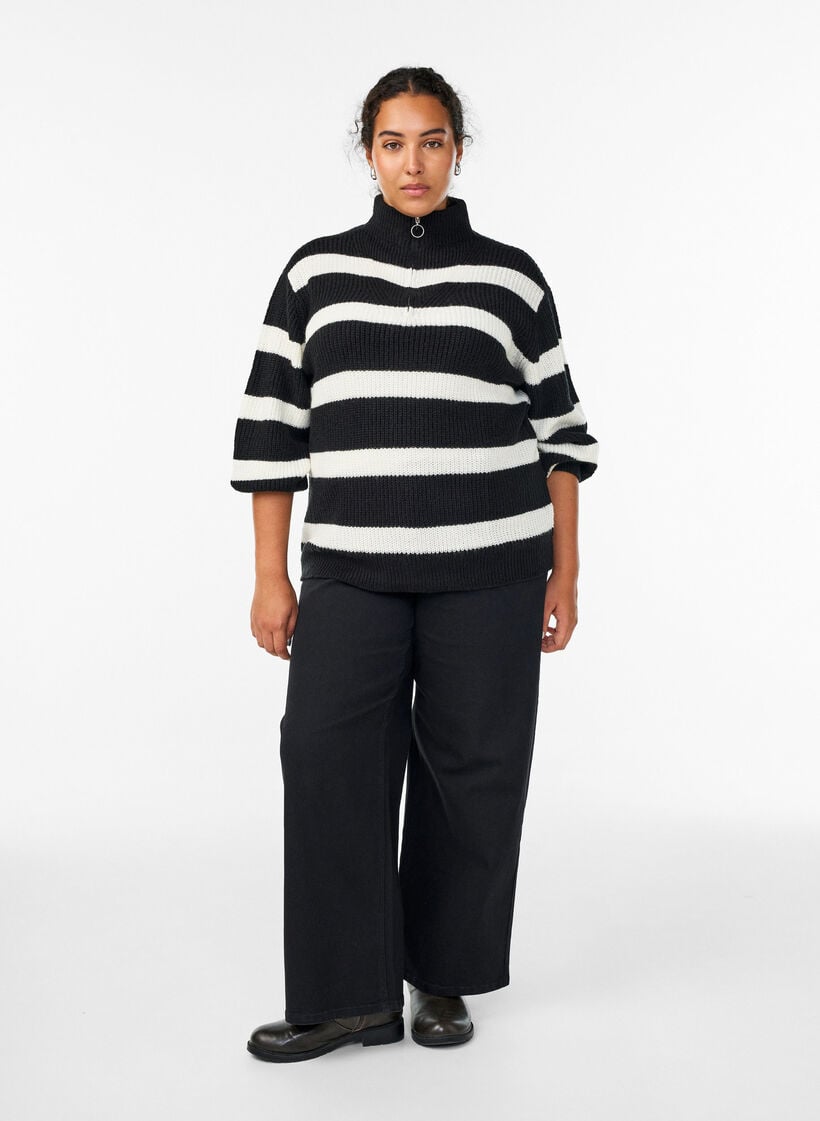 Strickpullover mit hohem Kragen und Rei&szlig;verschluss, Schwarz, Model image number 1