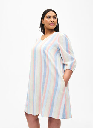 Kurzes Kleid aus Baumwollmischung mit Leinen, Multi Color Stripe, Model image number 0