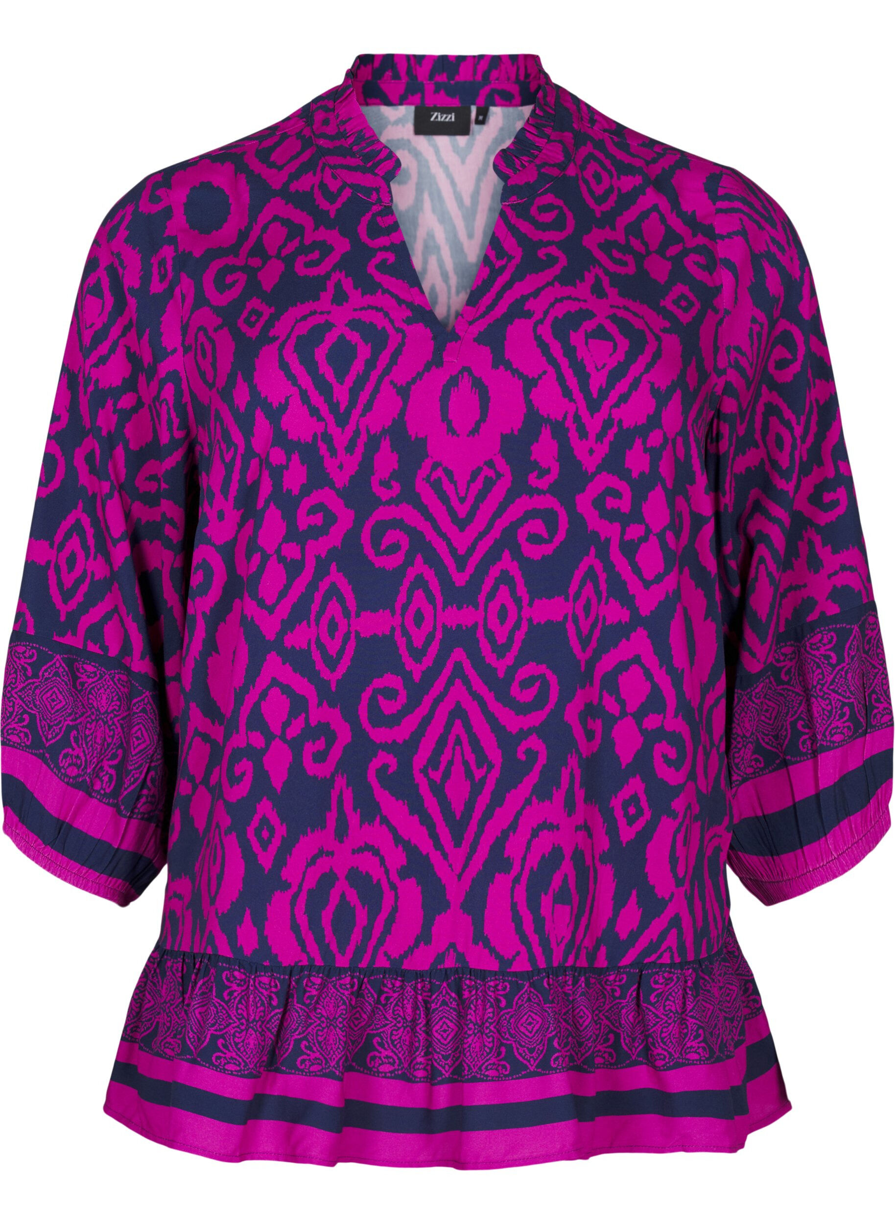 Zizzi Bluse mit Print und 3/4-&Auml;rmeln, Blau, Packshot image number 0